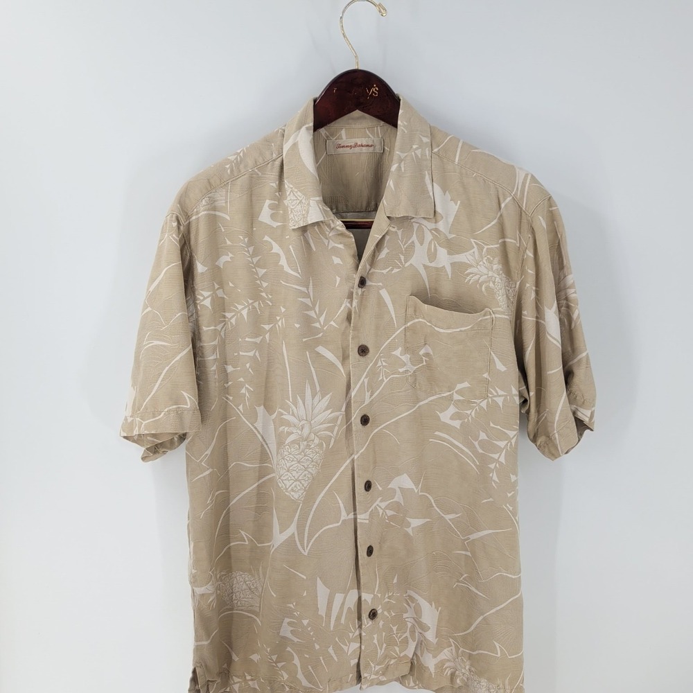 Tommy Bahama Silk‎ Tropical Pineapples Print Hawaiian Camp Shirt Beige Size L